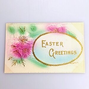 Antique Easter Greetings Embossed Postcard Pink Flowers Gold Gilt